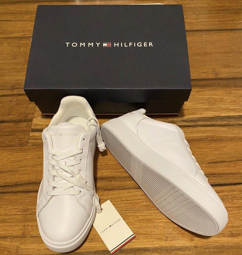 Tommy Hilfiger White Leather Sneakers with Box (Category: Sneakers) located in Muntinlupa City. Submitted by hollieberrygirl (Listing ID 1462292141, Image 1). Description: Tommy Hilfiger All White Essential Court Sneaker Store bought in Australia (box left in Australia) Size 7 ₱6,350 SF c/o buyer *seller is not responsible for anything that happens to the item after purchase.
