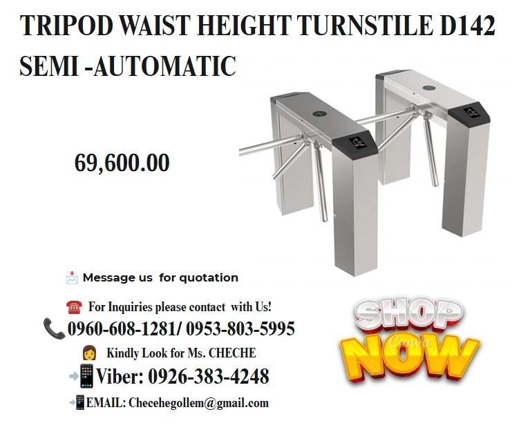 Tripod Waist Height Turnstile D142 Semi -automatic (Category: Home Improvement Tools & Accessories) located in Caloocan City. Submitted by goldenriver-a9d0 (Listing ID 1462269873, Image 1). Description: 1) Size:1200x280x960mm; 2) Material: 1.2+1mm 304 SUS Hairline #400; 3) Pass Width: ≦550mm; 4) Pass rate:30 -35 persons/minute; 5)Operating time: 0.2 Seconds; 6)Input:100 -240V,50/60HZ; 7) Working voltage:24V; 8) Communication interface:RS485,Dry c