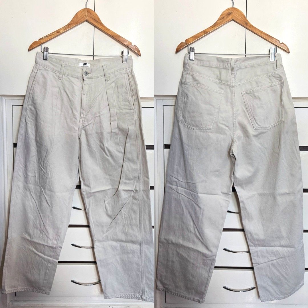 Uniqlo Denim Pleated Pants: Beige (Category: Jeans) located in Marikina City. Submitted by shop.cheskaloo (Listing ID 1462437221, Image 3). Description: Brand: Uniqlo Item: Uniqlo Denim Pleated Pants Color: Beige Size: 26 (waist: 30in, hip: 43in) Description: - high-waisted, wide fit with pleats - with belt loops, button and zipper - 2 side pockets, 2 back pockets - 100% cotton Condition: Well used. Good condition. RFS: Decluttering. Not used for