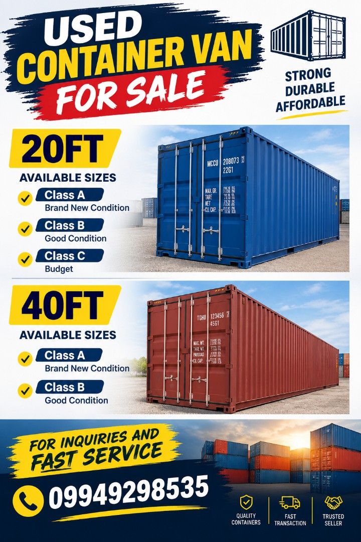 Used Container Van for Sale - 20ft & 40ft Available (Category: Construction & Building Materials) located in Manila. Submitted by brianbacsal06 (Listing ID 1462290691, Image 1). Description: - Used container vans available - Sizes: 20ft and 40ft - Strong and durable construction - Ready for immediate use - Fast transaction and trusted service - Contact us for inquiries.