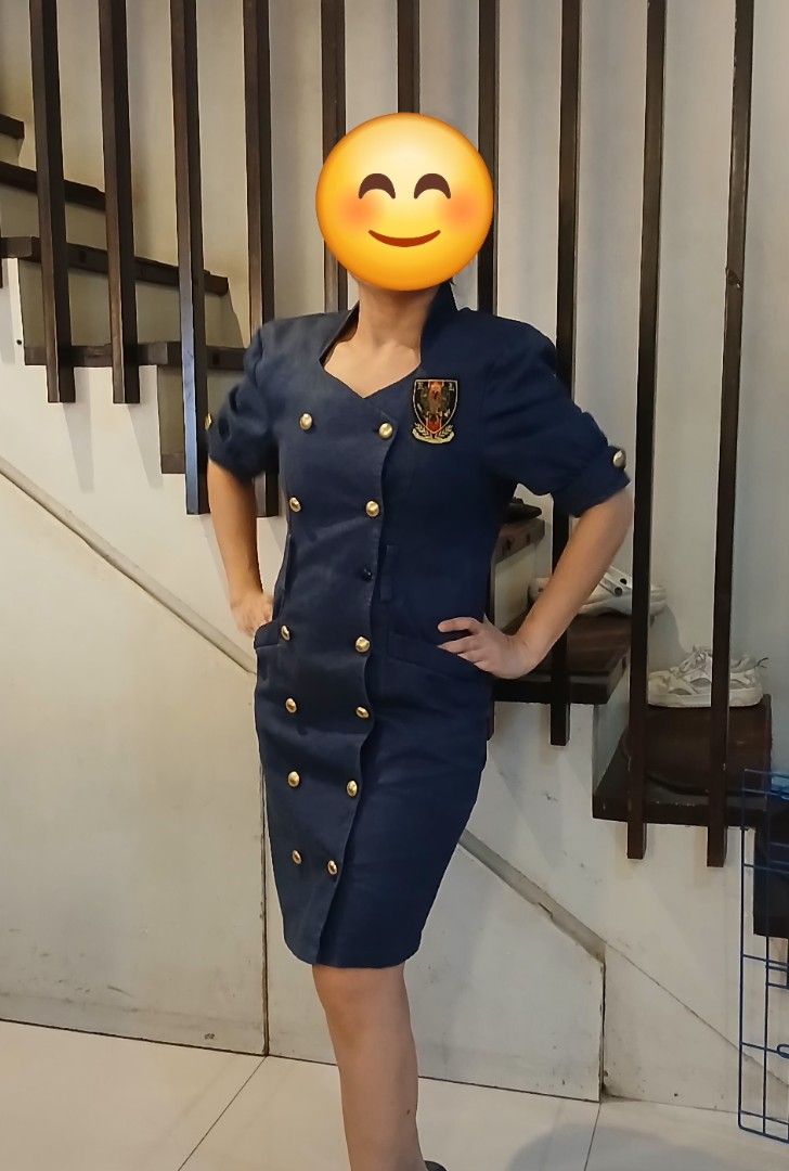 Vintage dress (Category: Dresses) located in Marikina City. Submitted by darthvader888 (Listing ID 1462309060, Image 1). Description: - Navy blue Ricci Lizaso dress - Double-breasted front with gold buttons - Crest patch on left chest - Short sleeves - Collared neckline - Knee-length cut - Front pockets - Ideal for a smart casual look.