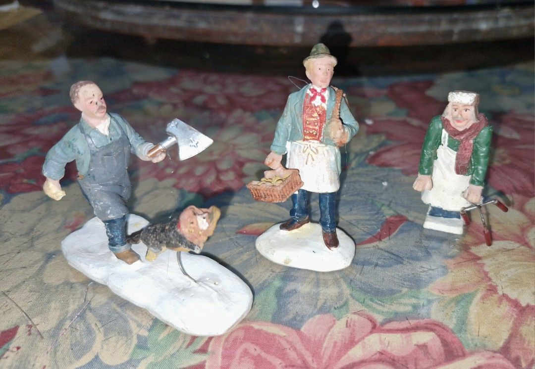 Vintage Miniature Figurines - Butcher, Baker, csndle maker (Category: Other Home Decor) located in Quezon City. Submitted by belikabim2014 (Listing ID 1462318582, Image 1). Description: - Set of 3 vintage miniature figurines - Includes: Man with axe and dog, baker carrying a basket, candye gaker - Ideal for display or diorama projects - Unique collectible items .