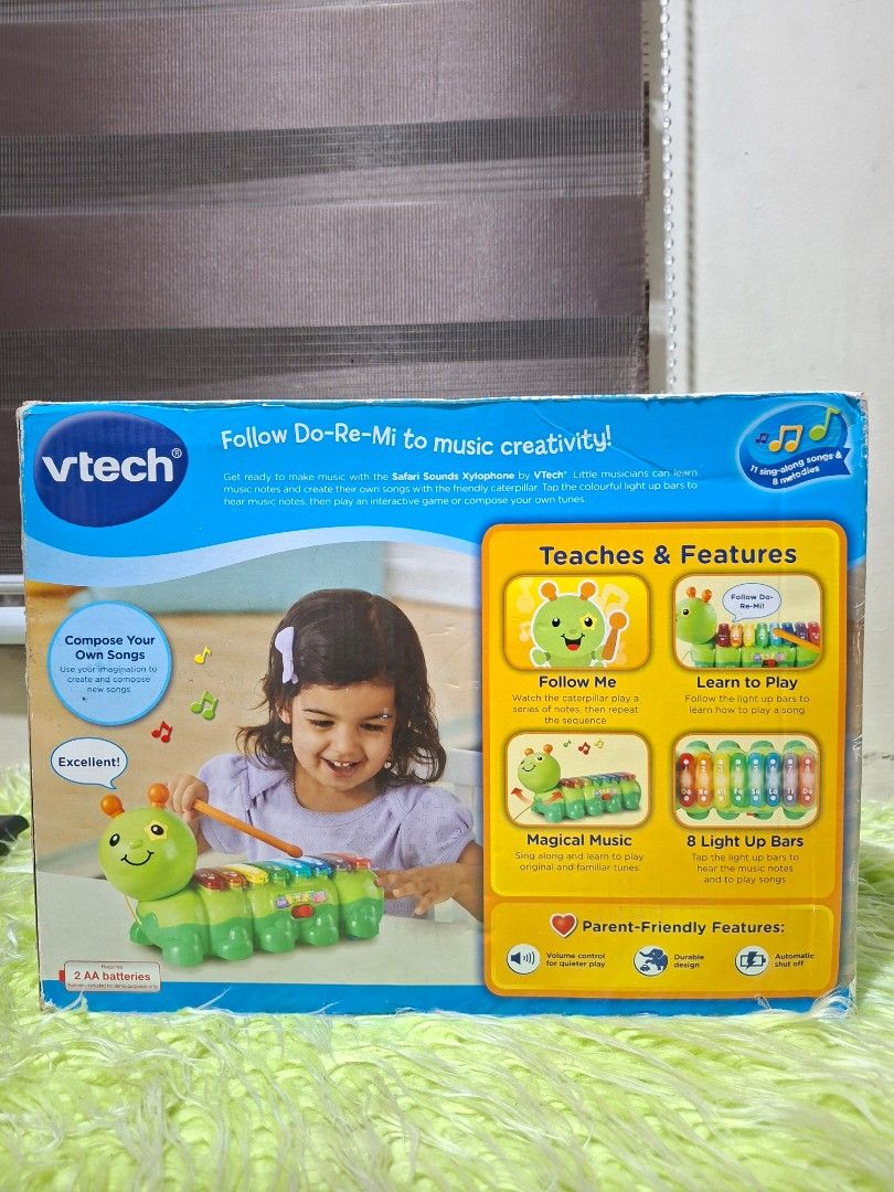 VTech Safari Sounds Xylophone (Category: Educational & Learning Toys) located in Manila. Submitted by happywindmarlyn (Listing ID 1462381704, Image 2). Description: - VTech Safari Sounds Xylophone, - Features such as "Learn to Play" (three interactive modes teaching music, songs, and sequences), "Games Grow with You" (multiple difficulty levels), and Music & Fun On the Go" (pull-along caterpillar capability). - Power: Requires 2AA batt..