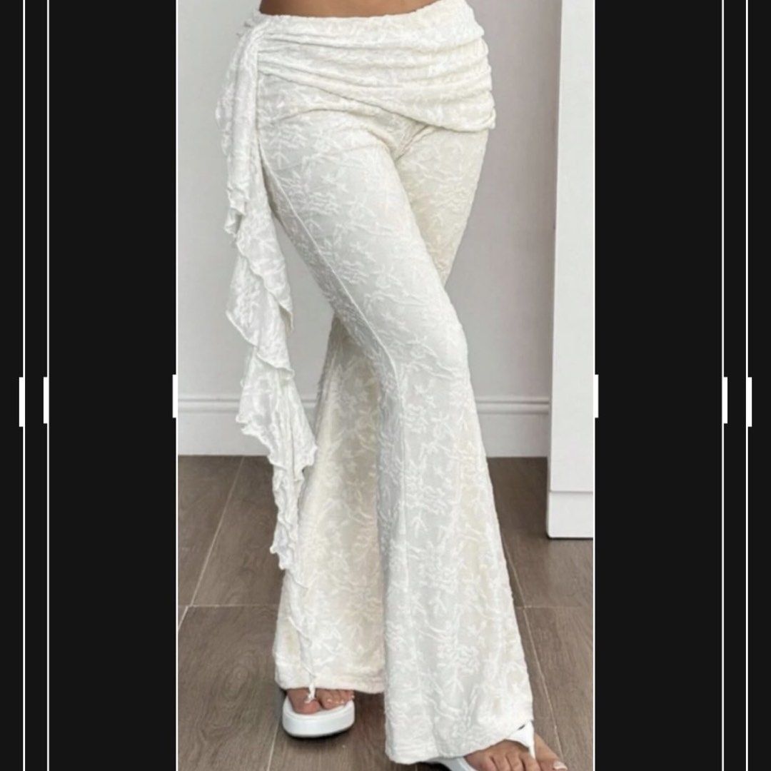 White high-waist patchwork ruffle hem lace flared pants (Category: Other Bottoms) located in Manila. Submitted by chichoneyy (Listing ID 1462310177, Image 2). Description: color: white - never used - size: xs-s #y2k #flaredpants #bottoms.