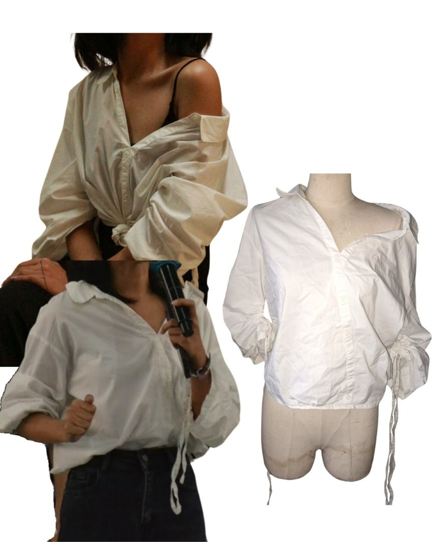 White Off-Shoulder Long Sleeve Shirt (Category: Longsleeves) located in Caloocan City. Submitted by avezam (Listing ID 1462366149, Image 1). Description: - White long sleeve shirt - Off-shoulder design - Features tie details on sleeves - Can be worn multiple ways - Suitable for casual or dressed-up looks.