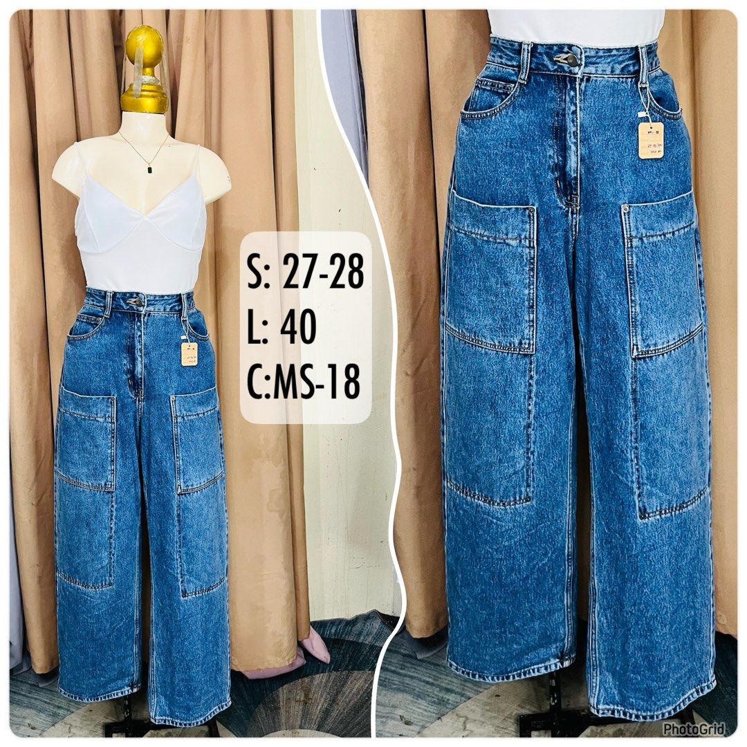 Wide Leg Denim Jeans with Large Pockets (Category: Jeans) located in Manila. Submitted by bengirlclothing (Listing ID 1462433644, Image 1). Description: - Size: 27-28 inches (tape measured base) -Length: 40 inches (tape measured base) -Ukay Source / Need wash -Bawal sa maarte -Hard Denim cloth - Cool wide leg jeans - Classic blue denim wash - Plenty of pockets on front and back - Super comfy and stylish design.