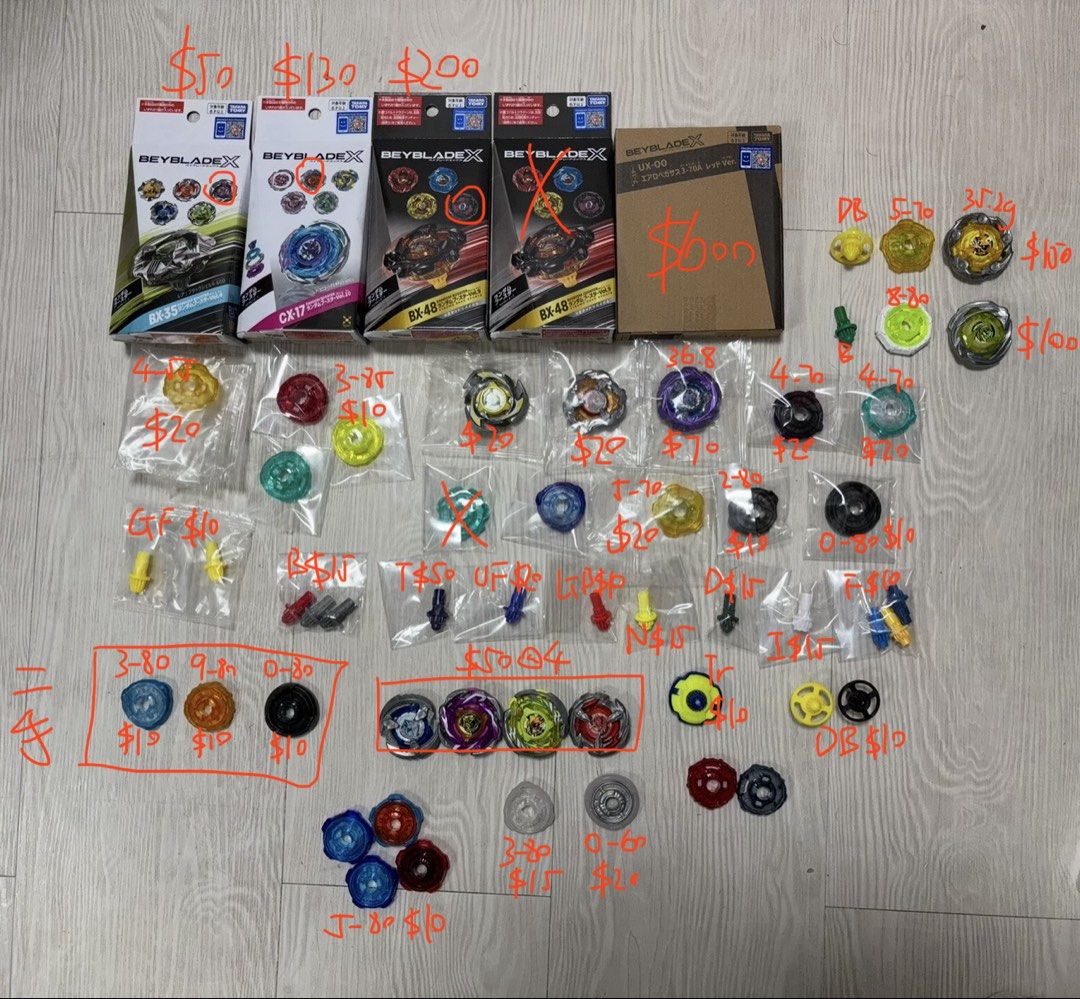 全新港版爆旋陀螺X BeybladeX紫色銀狼 散件 Bx48小鯊魚 E軸 7-60固鎖 Cx17 Ux00天馬 紅天馬 神杖 薯片龍 大量軸心固鎖 （分類：動作及對戰玩具）位於 Hong Kong。 由 sshsh450260162 提交（商品編號 1462371168，圖片 1）。簡介： 全部全新港版（除咗寫住二手嗰三樣） 全新港版有code Bx35-06$50 全新港版有code Cx17-03$130 全新港版有code Bx48-03$200 (可單買7-60$150） 全新港版有code紅天馬$600 其他價錢如圖 全部全新港版 可以即日交收 沙田圍站交收優先 可以順豐到付（多買或部份商品可平$10） 可以平郵（$50以上包平郵）。