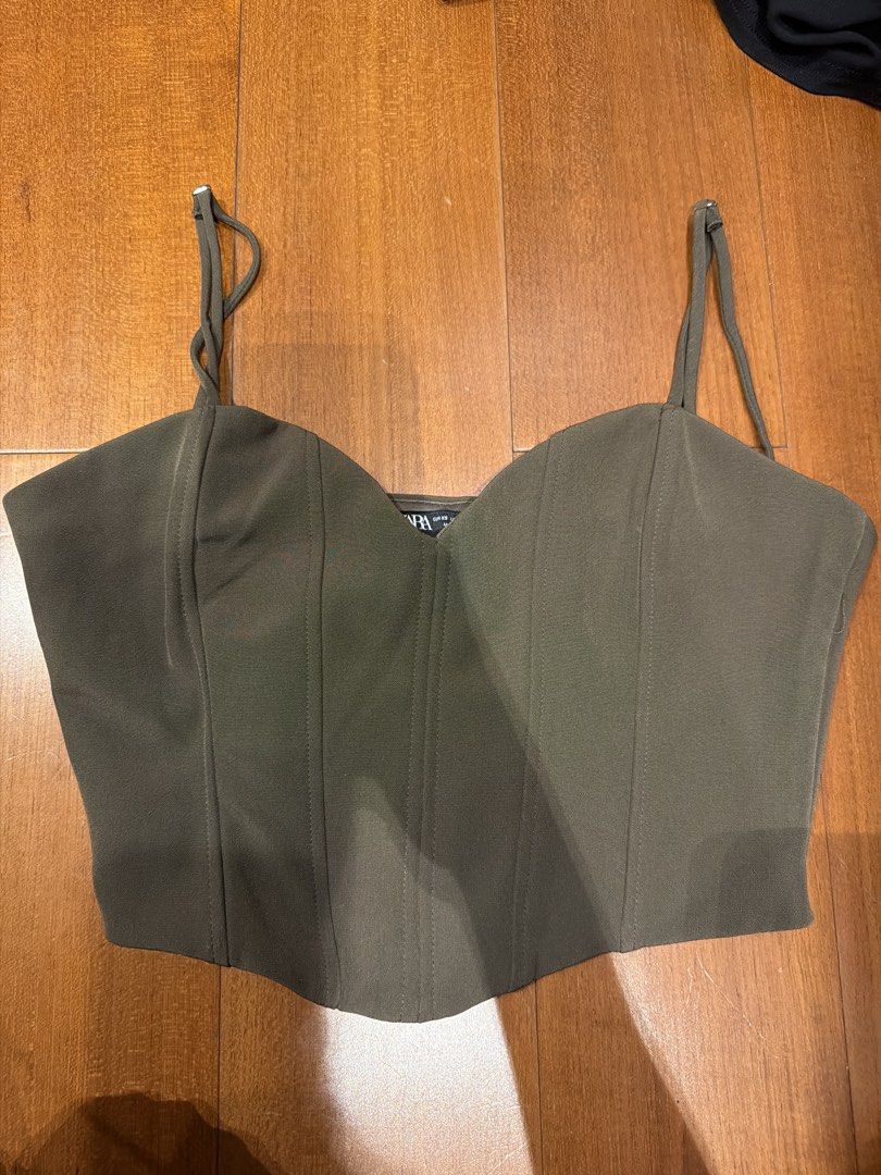 Zara Corset Top Olive Green (Category: Sleeveless) located in Manila. Submitted by megcloset__ (Listing ID 1462371184, Image 1). Description: Flaws: fashion tape mark.