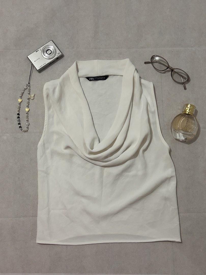 Zara sleeveless white cowl neck top featuring an elegant draped ...