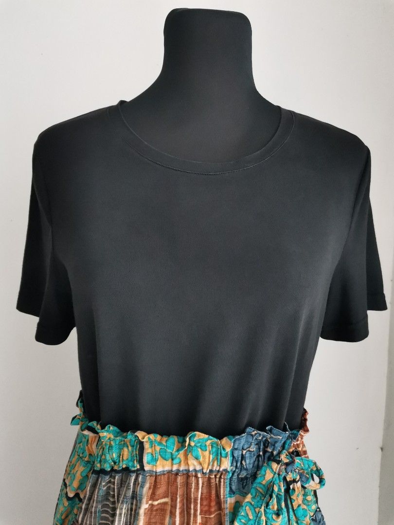 2-in-1 Patchwork Midi Dress (Medium) (Category: Dresses) located in Quezon City. Submitted by engeleaize (Listing ID 1462595559, Image 3). Description: Details: Color: Black (top), multicolor (skirt) Style: Boho-style mixed media t-shirt dress, short sleeves, round neckline, ruffled paperbag waistline with side tie, patchwork print on skirt, with 2 side pockets Fabric: 100% Cotton Best worn: Casual and creative workspaces, outdoor and festival ma
