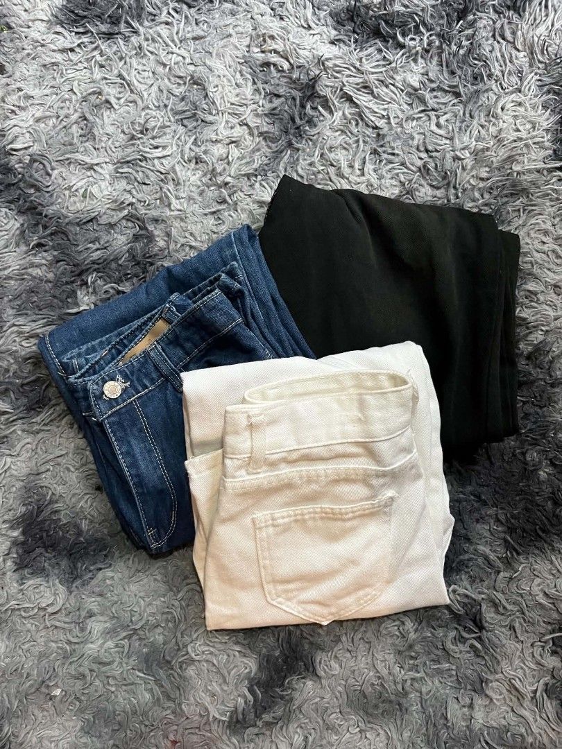 3pcs Preloved Pants Bundle | Denim, Black & White (Category: Jeans) located in Manila. Submitted by theluxecornerph (Listing ID 1462631455, Image 1). Description: 3pcs preloved pants bundle 🤍 Includes 1 blue denim, 1 black pants, and 1 white pants. ✨ Good condition ✨ Still nice and wearable ✨ Selling as bundle Please check photos for actual condition. White pants has a small visible stain, already reflected in the price. ₱399 for all 3 pcs..