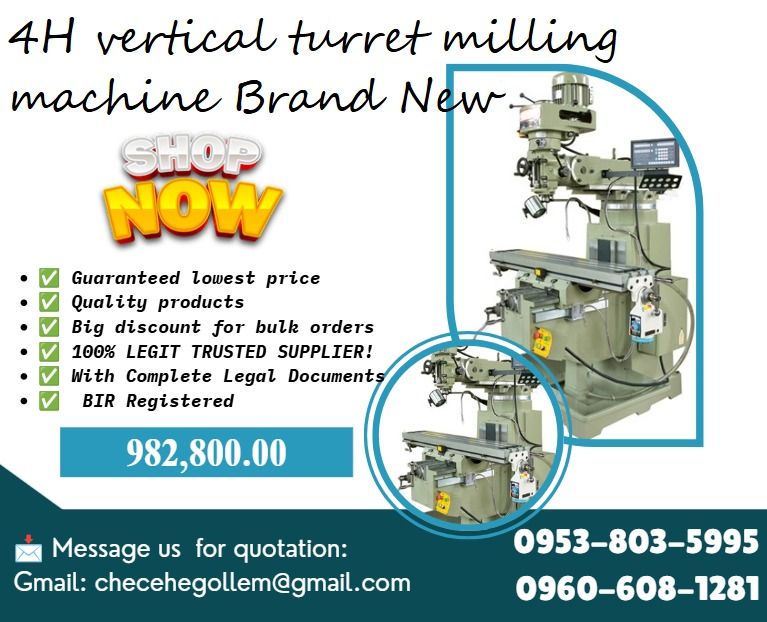 4H vertical turret milling machine Brand New (Category: Everything Else Others) located in Caloocan City. Submitted by cosmicstar_f9d177 (Listing ID 1462472512, Image 1). Description: 1.Table size (mm): 1270*254 2.T slots (N/W/D): 3/16/65 3.Table Longitudinal travel (mm):750 (850 manually) 4.Table Cross travel (mm):400 5.Table vertical travel(mm): 400 6.Quill shaft travel (mm):127 7.Distance between spindle center and column (mm):170-520 8.Distan