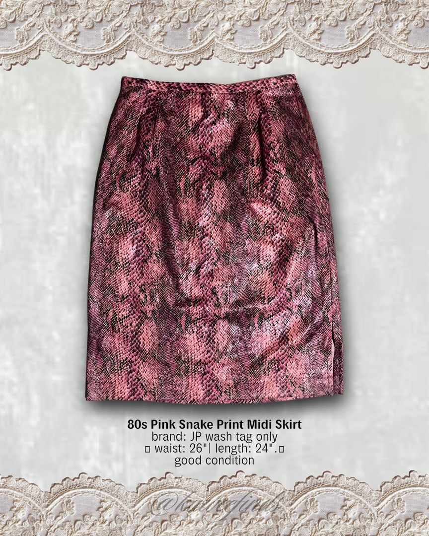 80s Pink Snake Print Midi Skirt (Category: Skirts) located in Paranaque City. Submitted by kuweefindsmnl (Listing ID 1462603262, Image 1). Description: - Vintage 80s midi skirt - Bold pink snake print - Features a side slit - Waist: 26 inches - Length: 24 inches - JP wash tag only.