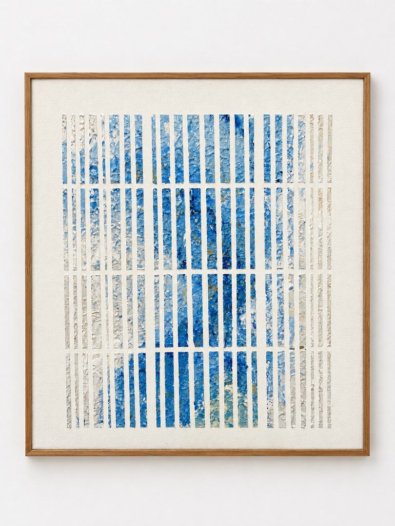 Abstract Blue and White Striped Framed Wall Art (Category: Wall Decor) located in Pasig City. Submitted by metrohotelsupply (Listing ID 1462512429, Image 1). Description: - Textured abstract art piece - Features vertical stripes in blue and white - Mounted on canvas with a light wood frame - Modern aesthetic for any room - Ready to hang.