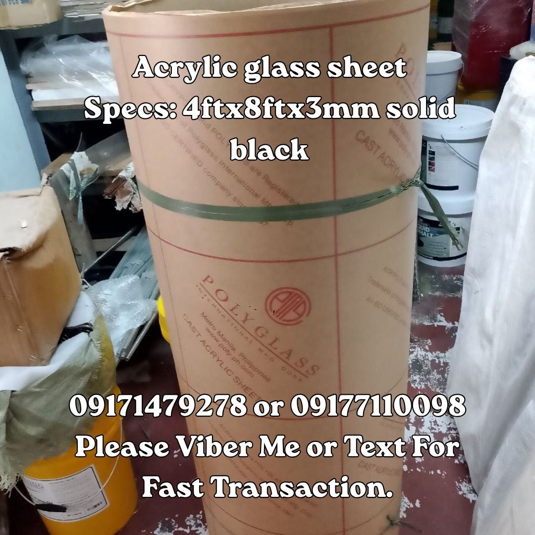 Acrylic glass sheet Specs: 4ftx8ftx3mm solid black (Category: Home Improvement Tools & Accessories) located in Manila. Submitted by 09171479278_elsie. (Listing ID 1462448082, Image 1). Description: Acrylic glass sheet Specs: 4ftx8ftx3mm solid black.