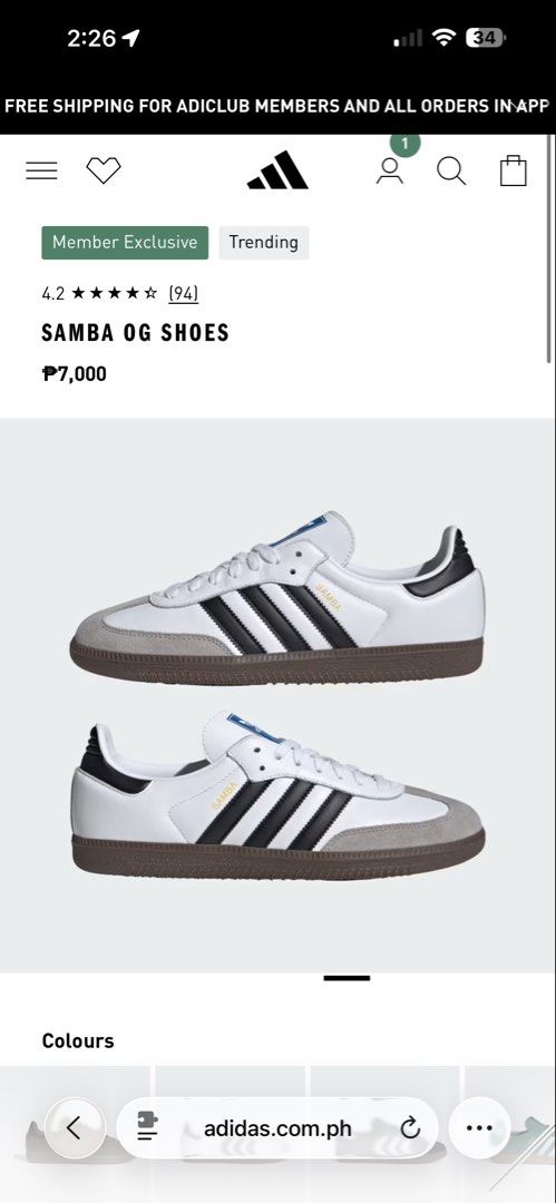 RUSH Adidas Samba OG (Category: Sneakers) located in Angeles City. Submitted by mndanics (Listing ID 1462509891, Image 3). Description: RUSH!!! Classic Adidas Samba OG bought for ₱10,000 from adidas Marquee Mall, receipt unfortunately misplaced. guaranteed authentic. box included. buyer is welcome to check the article code / details. used once lang color: white leather with black stripes sole: gum sole size: US Women’s 6 UK 5 FR 38 JP 240 CHN 235