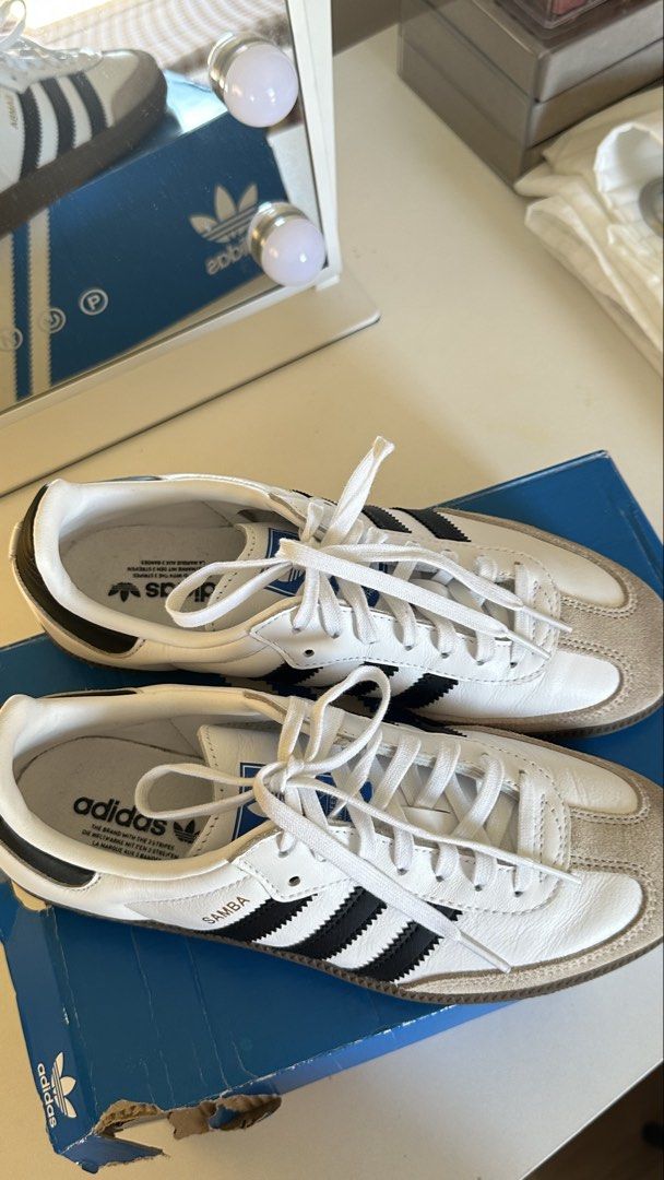RUSH Adidas Samba OG (Category: Sneakers) located in Angeles City. Submitted by mndanics (Listing ID 1462509891, Image 2). Description: RUSH!!! Classic Adidas Samba OG bought for ₱10,000 from adidas Marquee Mall, receipt unfortunately misplaced. guaranteed authentic. box included. buyer is welcome to check the article code / details. used once lang color: white leather with black stripes sole: gum sole size: US Women’s 6 UK 5 FR 38 JP 240 CHN 235