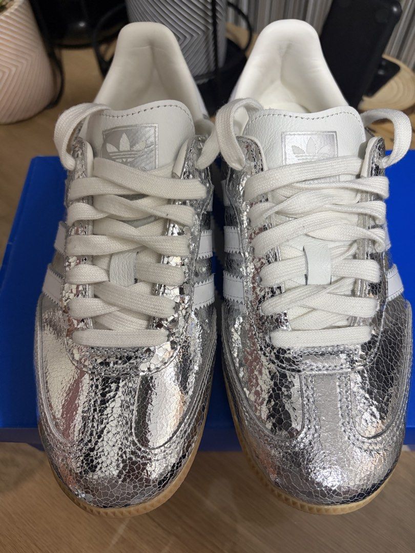 Adidas Samba OG Silver Metallic (Category: Sneakers) located in Manila. Submitted by amoczenral78422 (Listing ID 1462599180, Image 1). Description: - Authentic Adidas Samba OG sneakers - Silver metallic snakeskin texture - Classic white laces and three stripes - Size: US Women's 6, Uk 4 1/2 - Bought it 4,800 - Used once lang - Selling it 3,800 negotiable .
