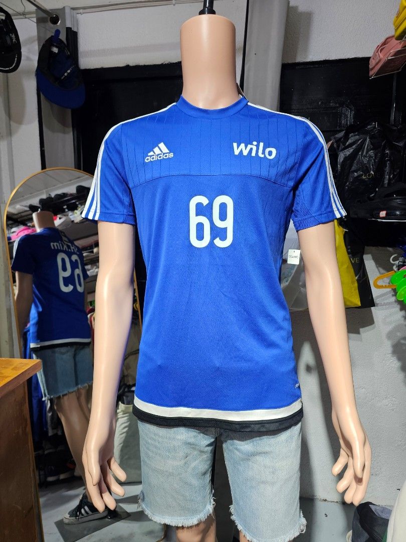 Adidas training jersey (Category: Tshirts & Polo Shirts ) located in Baguio. Submitted by kayeonlineshop (Listing ID 1462505215, Image 2). Description: -blue adidas training jersey featuring the "Wilo" sponsor logo and the number 69 on the front. -measurements included in the photos.