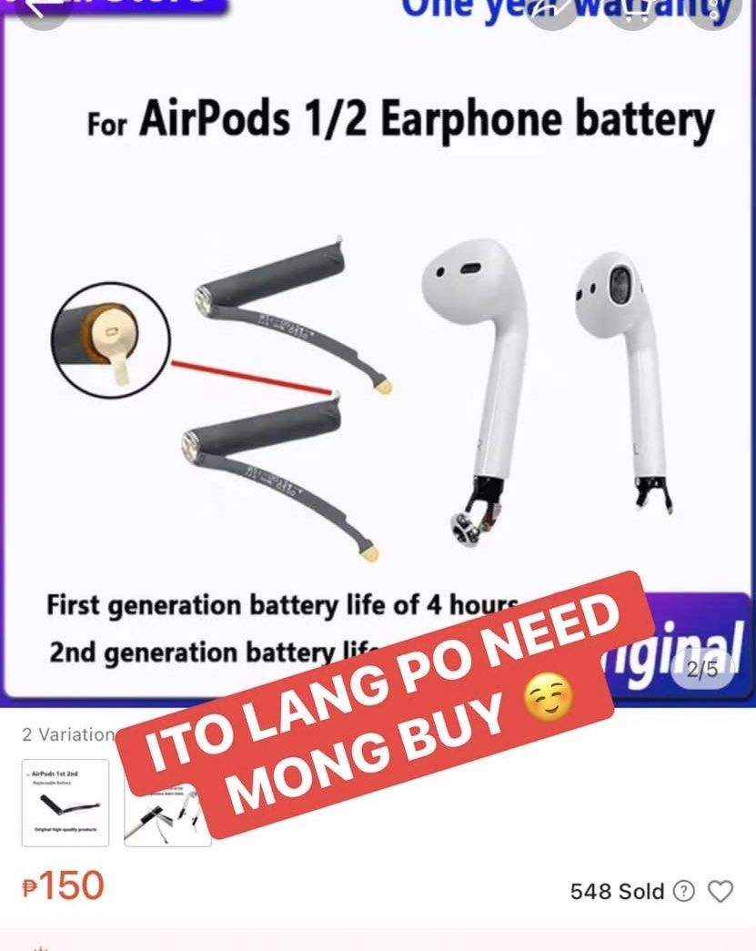 AirPods (2nd Gen) Battery Issue (Category: Earphones) located in Antipolo. Submitted by saphnie (Listing ID 1462500017, Image 2). Description: Airpod 2gen 100% Authentic Asking ₱999 only Panalo ka na dyan palitan mo lang battery ☺️ Wala ng ibang issue ☺️ Charging Case no need palitan Bat.☺️ 2 Airpod yung need lang palitan ng battery ☺️ Meet up (lower Antipolo) Cogeo gate2 KFC Lalamove ikaw mismo magbook Para kontrolado mo rider..