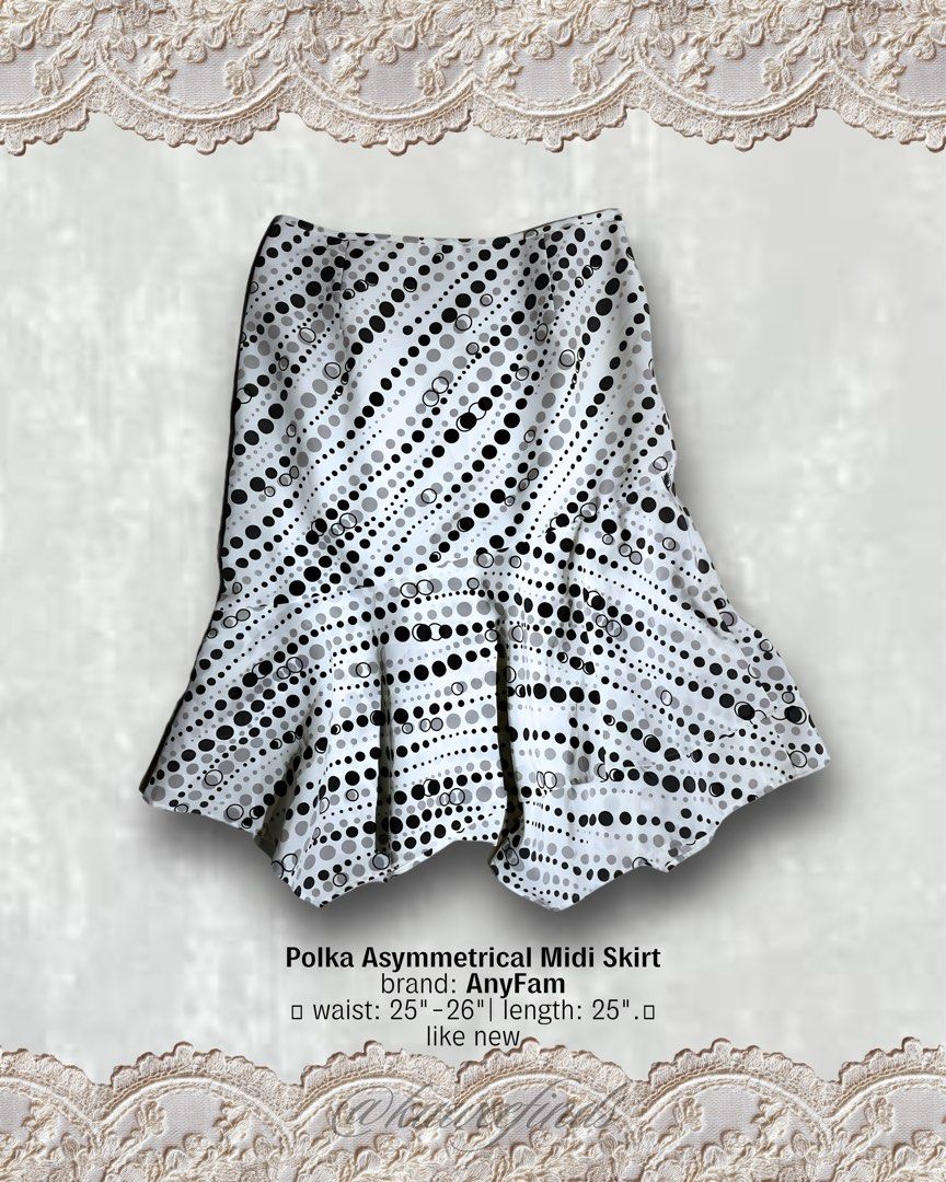 White Polka Asymmetrical Midi Skirt (Category: Skirts) located in Paranaque City. Submitted by kuweefindsmnl (Listing ID 1462606315, Image 1). Description: - Asymmetrical midi skirt - Black, grey, and white polka dot pattern - Unique uneven hemline - Fully lined - Waist: 25-26 inches - Length: 25 inches.