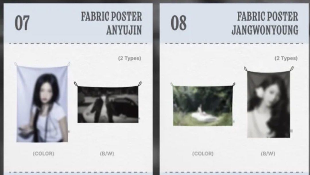 ive yujin wonyoung展 fabric poster 現貨 （分類：韓流周邊）位於 Hong Kong。 由 cchaos 提交（商品編號 1462467929，圖片 4）。簡介： An-young展 fabric poster 香港現貨 Yujin (colour ver) Yujin (b/w 黑白ver) Wonyoung (colour ver) Wonyoung (b/w 黑白ver) $240@1 Sf/面交 有意dm。