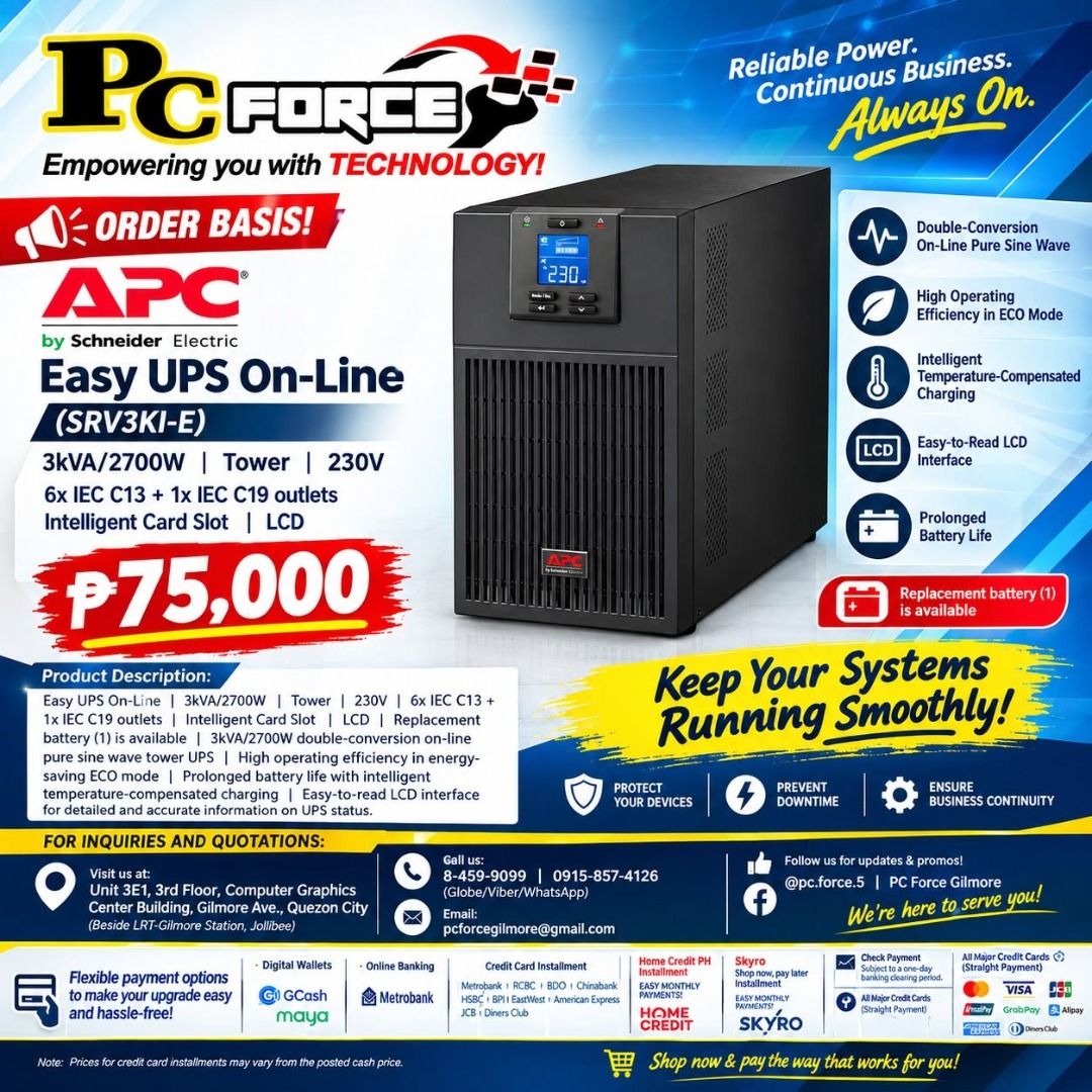 APC Easy UPS On-Line SRV3KI-E 3kVA/2700W Tower UPS (Category: Office & Business Technology) located in Quezon City. Submitted by ramilsantos18 (Listing ID 1462452651, Image 1). Description: - APC Easy UPS On-Line SRV3KI-E - 3kVA / 2700W Power Capacity - Tower Form Factor - Double-Conversion On-Line Technology - Pure Sine Wave Output - High Operating Efficiency in ECO Mode - Prolonged Battery Life - Easy-to-Read LCD Interface - 6x IEC C13 Outlets 