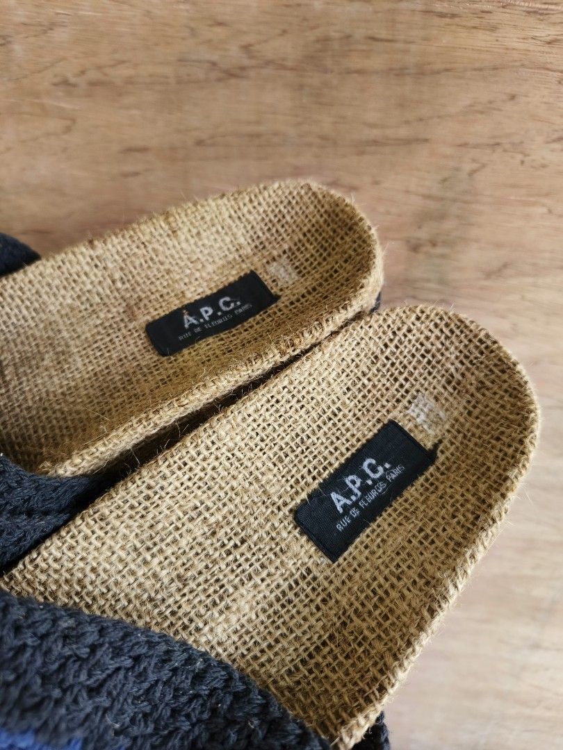 A.P.C. Jute Slides with Crochet Straps (Category: Slippers and slides) located in Davao. Submitted by vndrgd (Listing ID 1462451455, Image 2). Description: - Brand: A.P.C. - Style: Slip-on slides - Material: Crochet straps with blue, white, and black stripes - Footbed & Sole: Jute material - Comfort: Comfortable for casual wear.