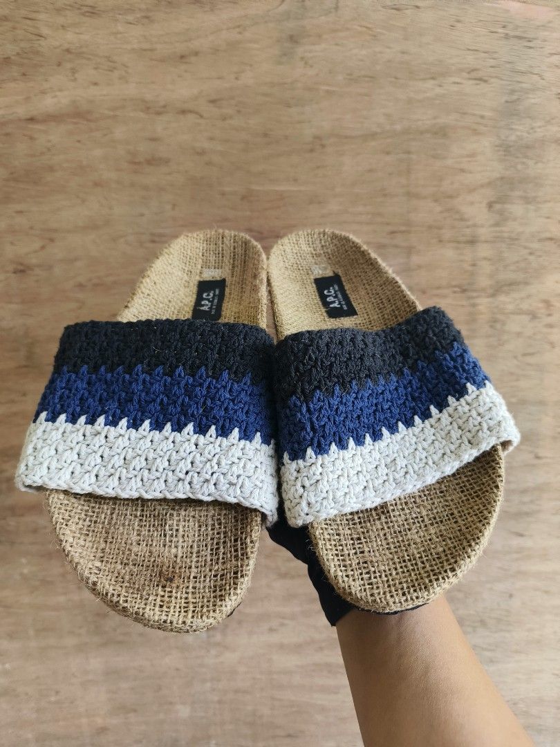 A.P.C. Jute Slides with Crochet Straps (Category: Slippers and slides) located in Davao. Submitted by vndrgd (Listing ID 1462451455, Image 3). Description: - Brand: A.P.C. - Style: Slip-on slides - Material: Crochet straps with blue, white, and black stripes - Footbed & Sole: Jute material - Comfort: Comfortable for casual wear.