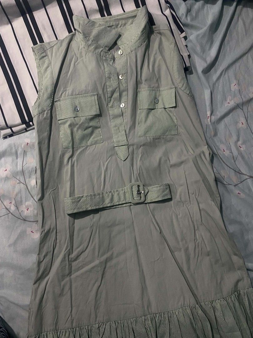 Apple and Eve Collared Flounce (Category: Dresses) located in Manila. Submitted by happy.hopyaa (Listing ID 1462446957, Image 2). Description: Apple & Eve Rosalina Collared Flounce Dress — Sage Green Size: XS (but can be worn by medium) | Condition: Like new Original price: ₱2,699 — SOLD OUT on the official site My price: ₱1999 Soft sage green shirt dress with a classic collar, sleeveless cut, and two functional chest pockets. Comes with the orig