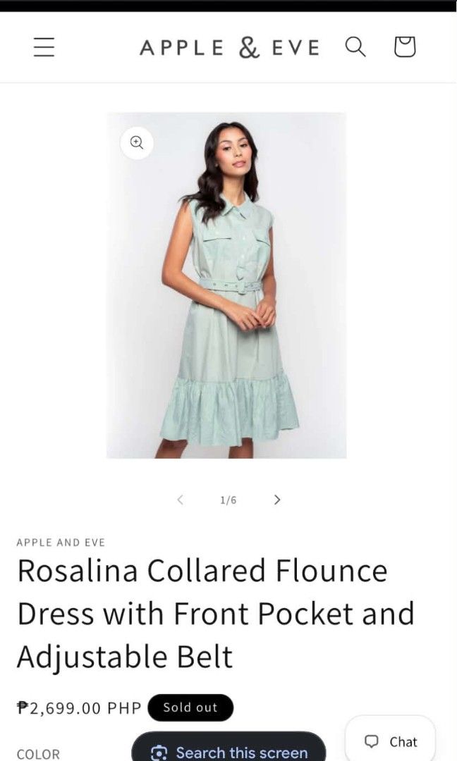 Apple and Eve Collared Flounce (Category: Dresses) located in Manila. Submitted by happy.hopyaa (Listing ID 1462446957, Image 1). Description: Apple & Eve Rosalina Collared Flounce Dress — Sage Green Size: XS (but can be worn by medium) | Condition: Like new Original price: ₱2,699 — SOLD OUT on the official site My price: ₱1999 Soft sage green shirt dress with a classic collar, sleeveless cut, and two functional chest pockets. Comes with the orig
