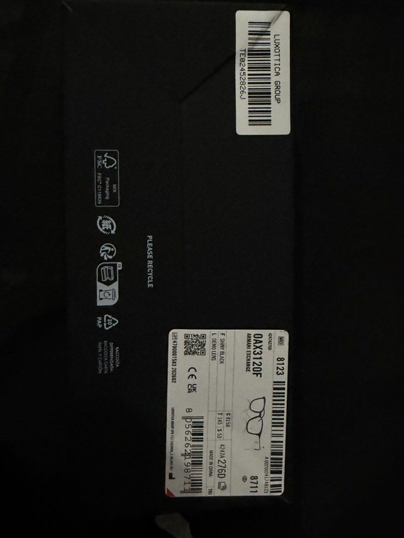 Armani Exchange AX3120F Eyeglasses - Black (Category: Sunglasses & Eyewear) located in Taguig. Submitted by sixhrnndz (Listing ID 1462587259, Image 2). Description: - Brand: Armani Exchange - Model: AX3120F - Color: Black frame - Size: 53-17-140 - Included: Original box, dust bag, authenticity card - Condition: Clear lenses, ready for prescription.