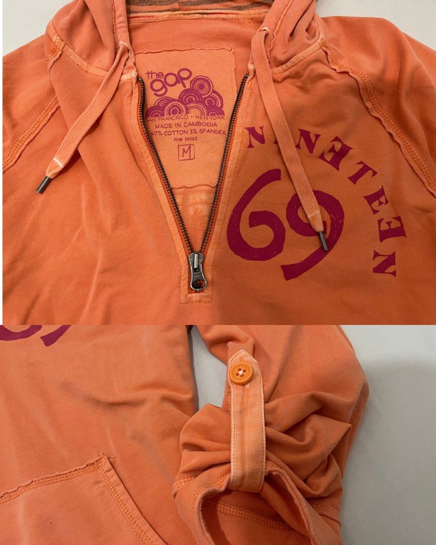 Aunthentic Y2k Gap Hoodie (Category: Hoodies) located in Marikina City. Submitted by dowsie.shop4divas (Listing ID 1462556575, Image 2). Description: - Orange hoodie from The Gap - Size Medium (M) - '1969' graphic print on the front - Quarter zip closure - Front kangaroo pocket - Button tabs on sleeves for adjustable length - Palm tree graphic print on the back.
