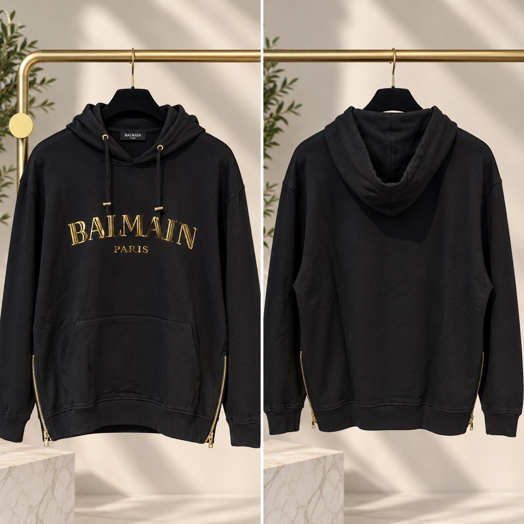 AUTHENTIC | BALMAIN PARIS HOODIE JACKET/SWEATER | BNWT (Category: Luxury Apparel) located in Cavite. Submitted by charmscloset888 (Listing ID 1462599647, Image 1). Description: ONHAND & READY TO SHIP SIZE : XL ✨ Sizes are based on Men’s sizing ✨ Can also be worn by women — we recommend going 1 size down for a more fitted look. PRE-ORDER AVAILABLE Other sizes may be available via pre-order, subject to availability. 🇦🇪 Free shipping from Dubai to