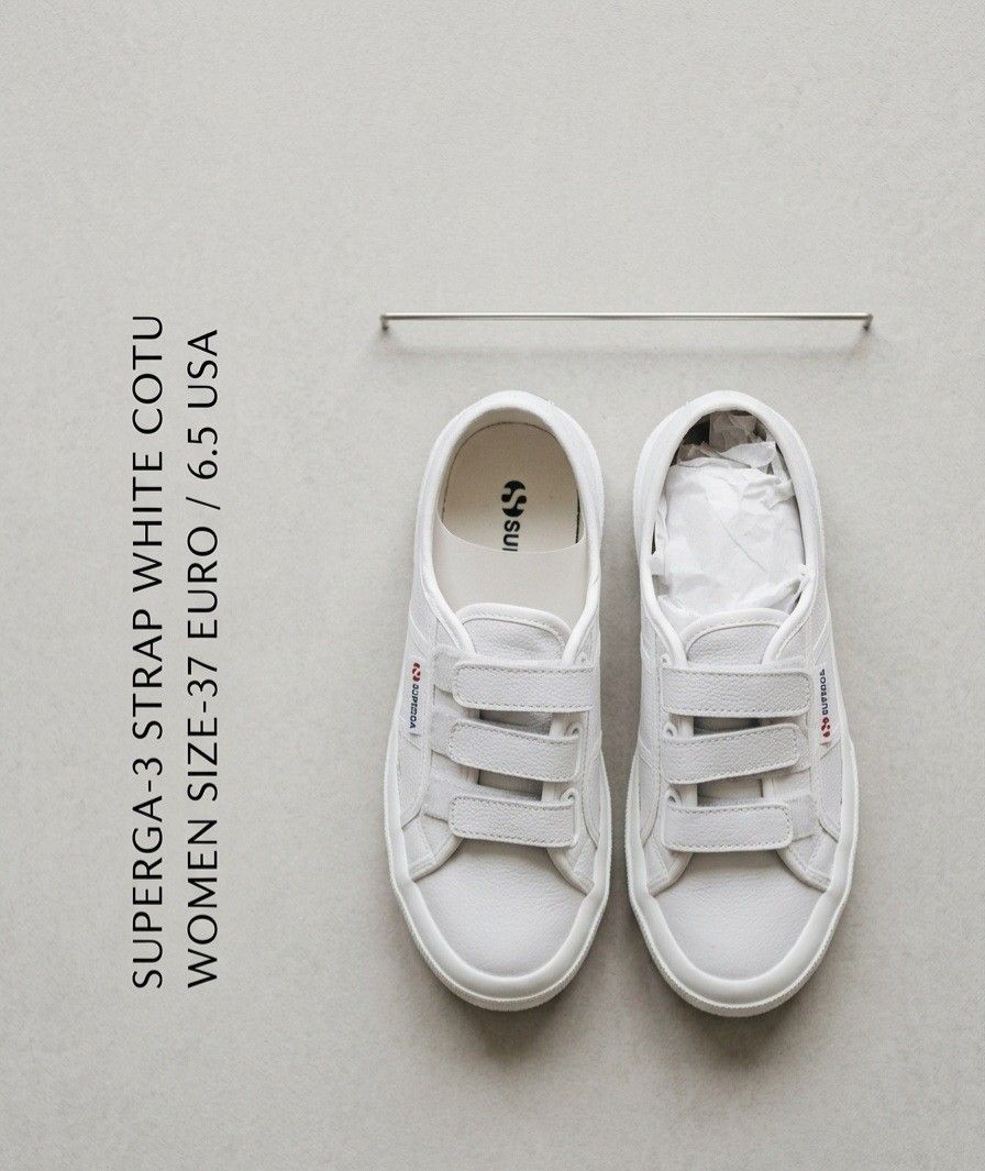 Authentic GAURANTEE Superga Leather Sneaker (Category: Sneakers) located in Las Pinas. Submitted by outerwearsmanila (Listing ID 1462530635, Image 2). Description: Product Features Our Classic Superga 2750 Lea3Strap shoe sees our popular leather trainers feature strap closure for an on-trend, laceless look. Preloved Almost New with box leather upper Vulcanised natural rubber sole Three strap hook and loop closure Superga tab on side and heel Supe