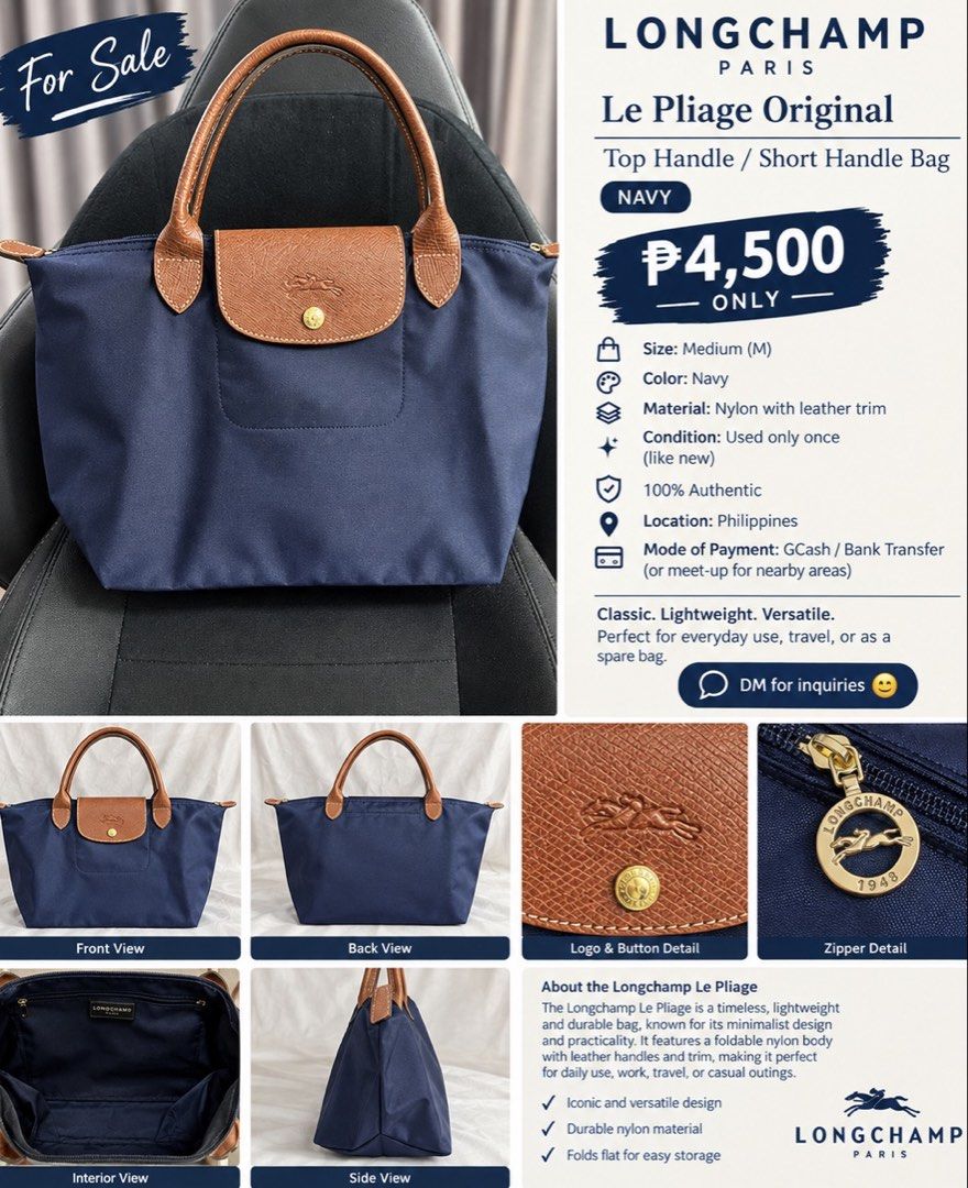 AUTHENTIC LONGCHAMP BAG (Category: Shoulder Bags) located in Paranaque City. Submitted by lulusthreadsandthings (Listing ID 1462652062, Image 1). Description: Authentic Long Champ Bag - Medium size - Short handle - Navy blue color - Brown handle - Mint condition - Price at 4,500 (negotiable) - Shipping fee shoulder by buyer See actual photos .