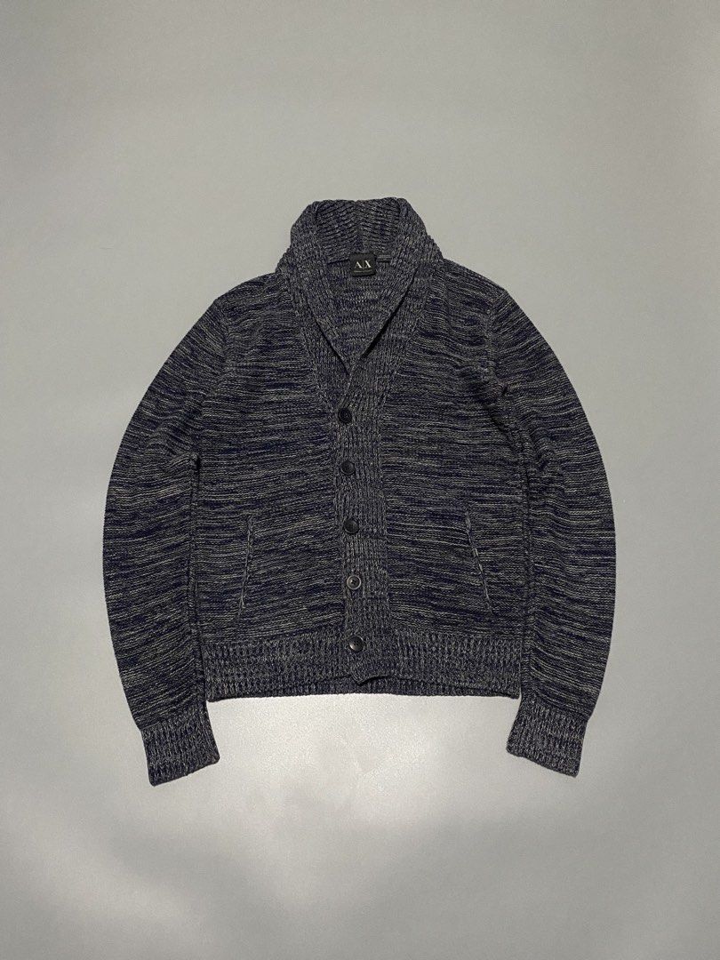 AX Armani Exchange Shawl Collar Cardigan (Category: Coats, Jackets and Outerwear) located in Paranaque City. Submitted by dfindss. (Listing ID 1462572587, Image 1). Description: - Armani Exchange knit cardigan - Grey and navy marled pattern - Shawl collar design - Button closure - Two front pockets - Size S/P - Ideal for layering.