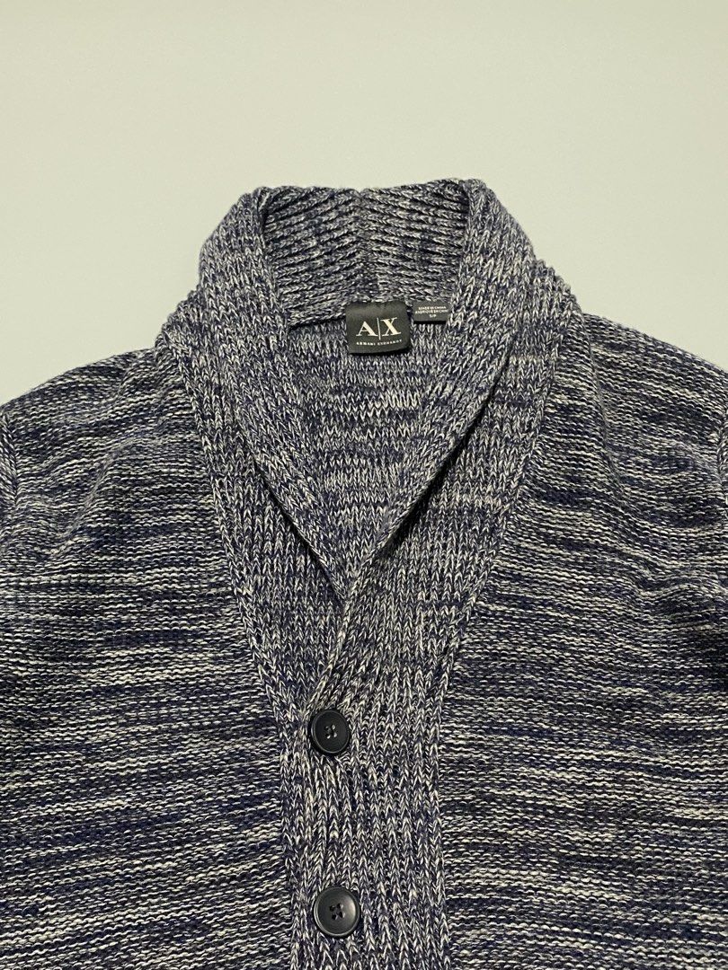 AX Armani Exchange Shawl Collar Cardigan (Category: Coats, Jackets and Outerwear) located in Paranaque City. Submitted by dfindss. (Listing ID 1462572587, Image 3). Description: - Armani Exchange knit cardigan - Grey and navy marled pattern - Shawl collar design - Button closure - Two front pockets - Size S/P - Ideal for layering.