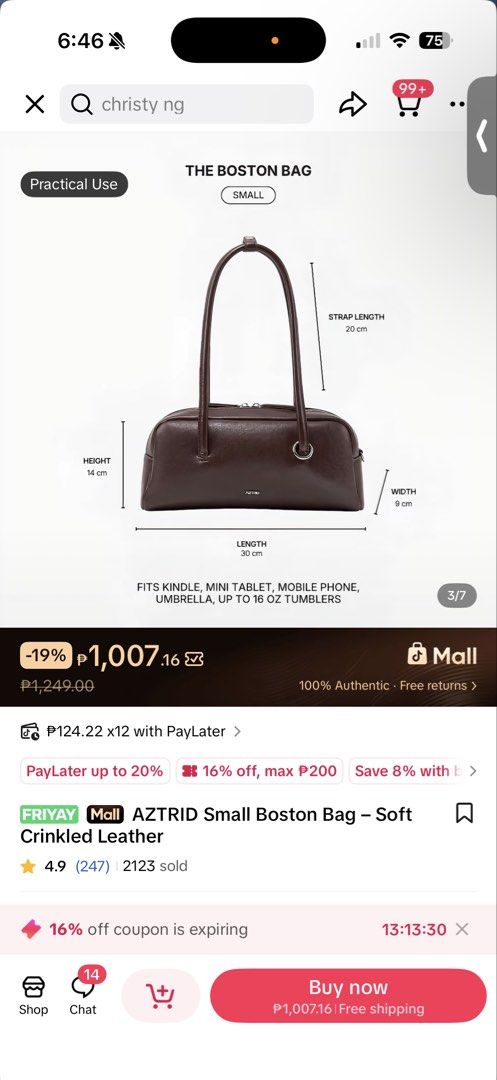 AZTRID Small Boston Bag - Crinkled Leather (Category: Shoulder Bags) located in Rizal. Submitted by aaliyahjasminec (Listing ID 1462574433, Image 2). Description: - once used AZTRID Small Boston Bag - Made of stylish crinkled leather - Ideal for everyday use - Spacious enough for Kindle, mini tablet, phone, and umbrella - Dimensions: 30cm (L) x 9cm (W) x 14cm (H) - Strap length: 20cm.