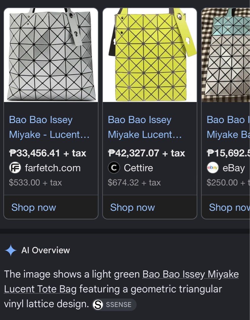 BAO BAO ISSEY MIYAKE LUCENT TOTE BAG (Category: Tote Bags) located in Davao. Submitted by ronz31 (Listing ID 1462610360, Image 2). Description: PTPA/FS BAOBAO ISSEY MIYAKE LUCENT TOTE BAG ADJUSTABLE SLING COMPLETE TAG & WASHTAG VGOOD CONDI 9/10 DM📩.