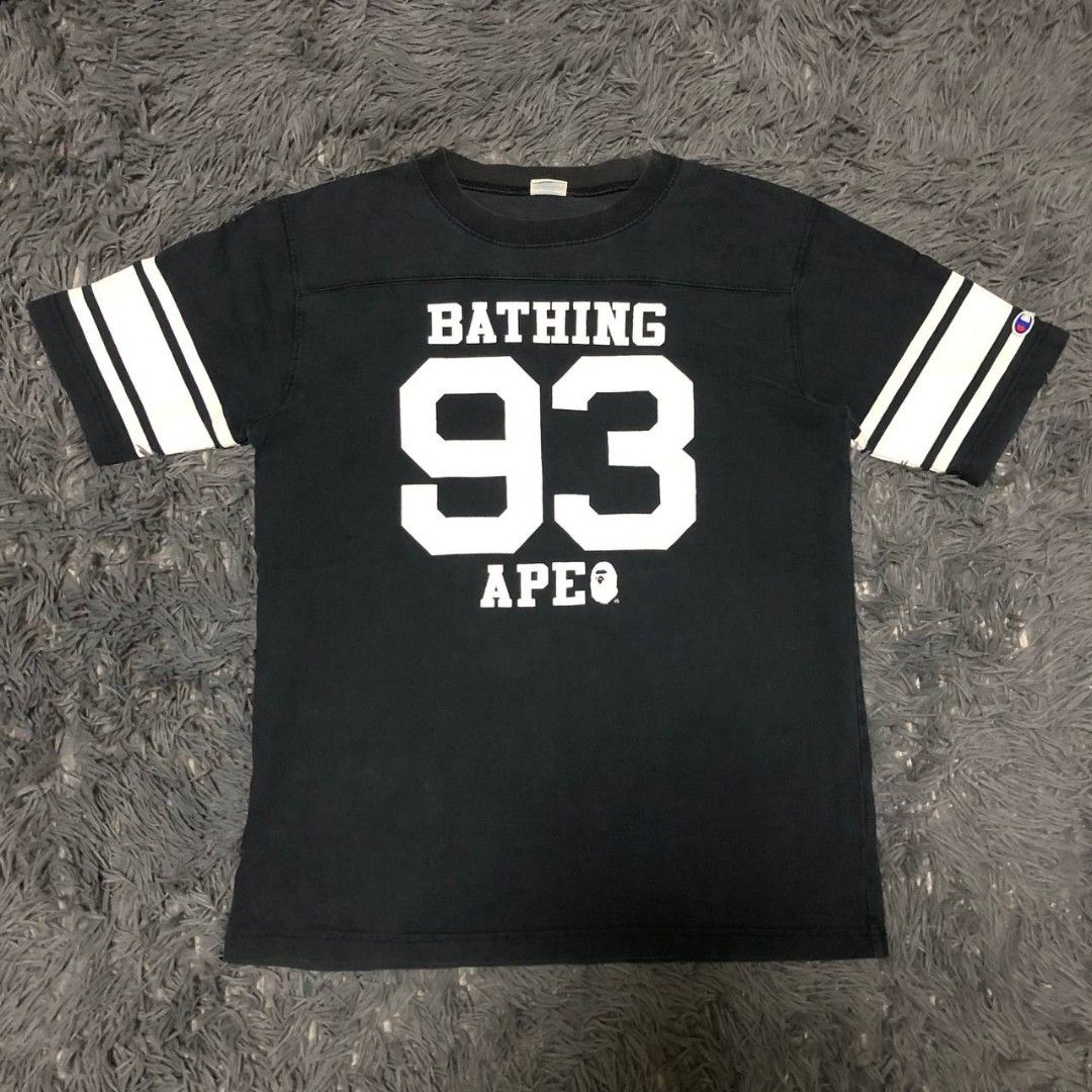 Bape x Champion Shirt (Category: Tshirts & Polo Shirts ) located in Camiling. Submitted by thriftscape2024 (Listing ID 1462563122, Image 1). Description: Excellent Condition Color rate: 9/10 Issue: mini fade and hairline Dimes: W20xL27.