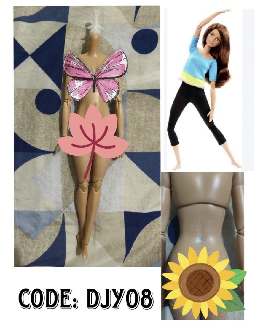 Barbie Doll Body - DJY08 (Category: Kids Toys) located in Manila. Submitted by joanalane76763 (Listing ID 1462621862, Image 1). Description: - Barbie Doll Body Model DJY08 - Light Tan Skin Tone - Articulated Joints: Knees and Elbows - Head is NOT included - Decorative stickers cover sensitive areas - Mattel copyright and manufacturing details on back - Ideal for custom doll projects or replacement parts.