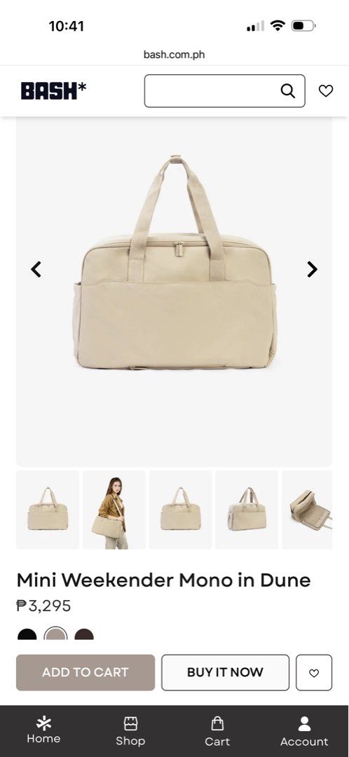BASH Mini Weekender Mono Bag (Category: Luxury Bags & Wallets) located in Manila. Submitted by emenel (Listing ID 1462446353, Image 2). Description: - Super cute mini weekender bag from BASH - Ideal for short trips or as a gym bag - Features both handles and a shoulder strap Both bnew Colors available: Dune and Jetset.