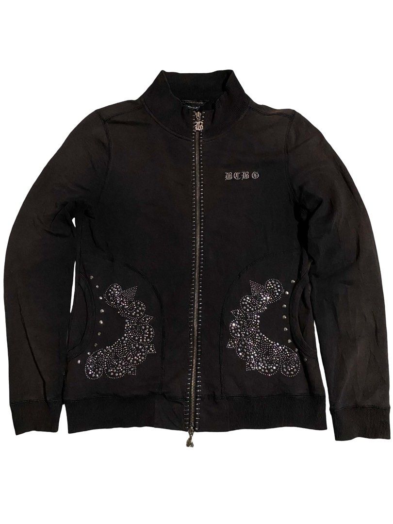 BCBGMAXAZRIA Black Rhinestone Zip Up Jacket (Category: Coats, Jackets and Outerwear) located in Manila. Submitted by thrift.bell (Listing ID 1462646457, Image 1). Description: Soft sweatshirt/track jacket cotton blend Tag Size: M (fits true to size) Condition: 10/ 10 Length: 23 Width: 18 Sleeve Length: 24 Color Rate: 10/10 Rich, solid black.