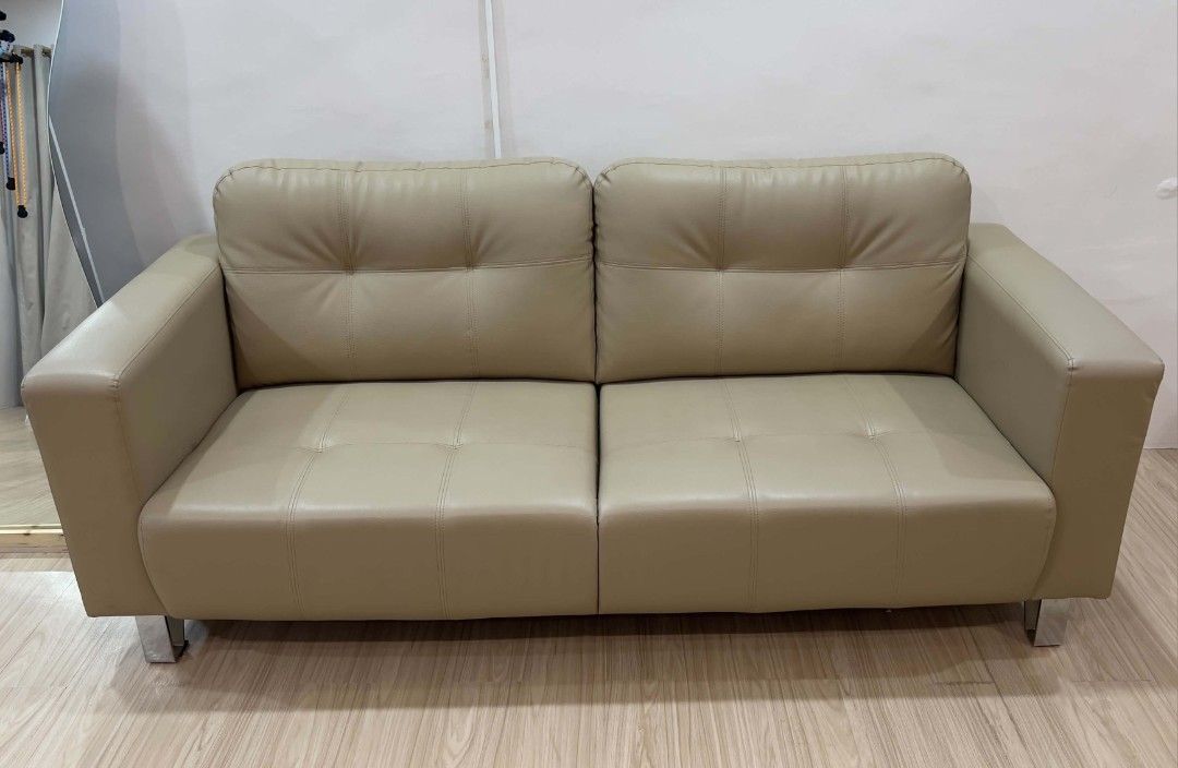 Beige Faux Leather 3-Seater Sofa (Category: Sofas) located in Rizal. Submitted by dainsb (Listing ID 1462618749, Image 1). Description: ‼️ RUSH SALE ‼️ 3-Seater Sofa 🛋️ Uratex foam L 200cm x W 90cm x H 90cm Bought for ₱20,000 Selling for ₱12,000 • Used for only 6 months • Very good condition • No major issues RFS: Decluttering 📍 Pickup only Buyer to arrange pickup/transport.