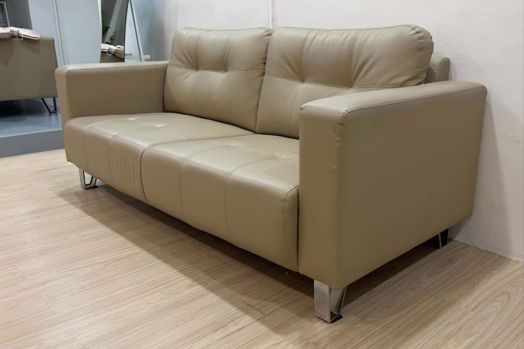 Beige Faux Leather 3-Seater Sofa (Category: Sofas) located in Rizal. Submitted by dainsb (Listing ID 1462618749, Image 2). Description: ‼️ RUSH SALE ‼️ 3-Seater Sofa 🛋️ Uratex foam L 200cm x W 90cm x H 90cm Bought for ₱20,000 Selling for ₱12,000 • Used for only 6 months • Very good condition • No major issues RFS: Decluttering 📍 Pickup only Buyer to arrange pickup/transport.