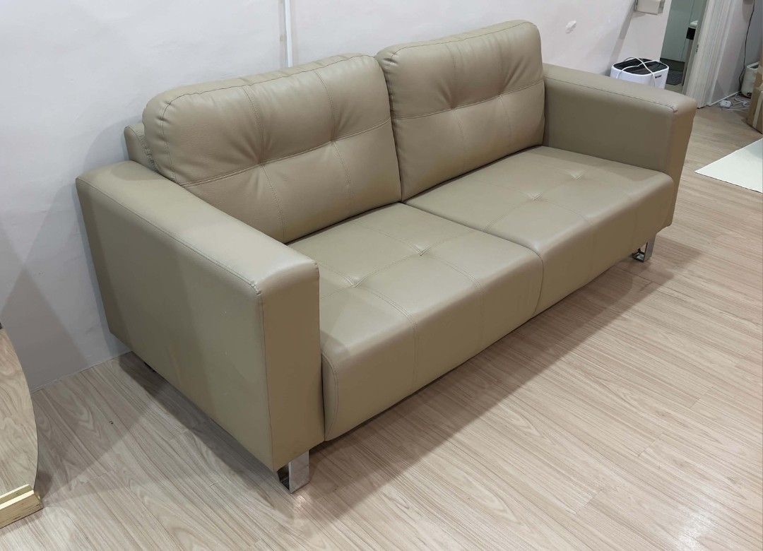 Beige Faux Leather 3-Seater Sofa (Category: Sofas) located in Rizal. Submitted by dainsb (Listing ID 1462618749, Image 3). Description: ‼️ RUSH SALE ‼️ 3-Seater Sofa 🛋️ Uratex foam L 200cm x W 90cm x H 90cm Bought for ₱20,000 Selling for ₱12,000 • Used for only 6 months • Very good condition • No major issues RFS: Decluttering 📍 Pickup only Buyer to arrange pickup/transport.