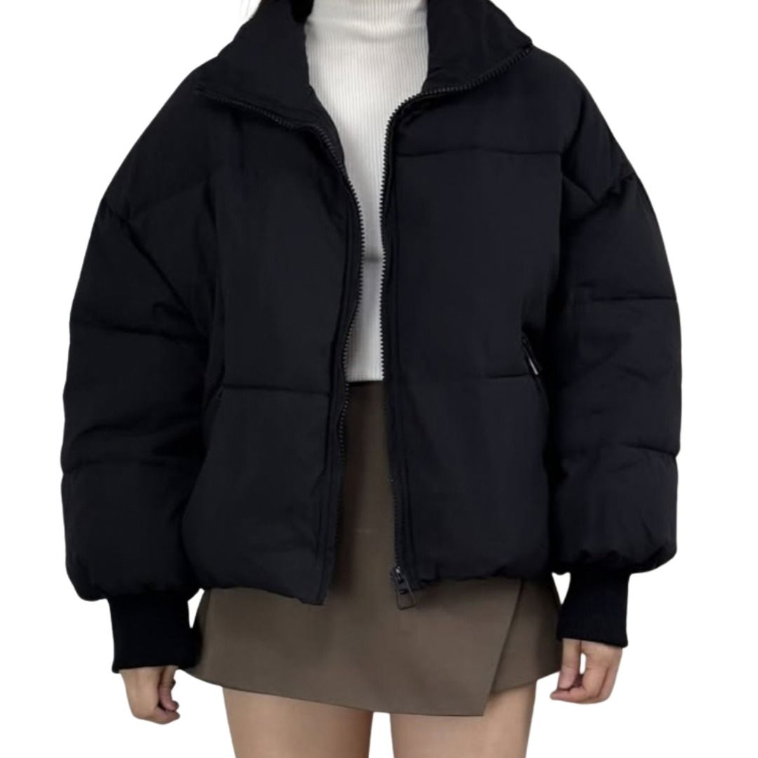 Black Cropped Puffer Jacket with High Neck (Category: Coats, Jackets and Outerwear) located in Davao. Submitted by oreoswithpeanutbutter (Listing ID 1462557605, Image 1). Description: FREE SHIPPING from DAVAO FREE DELIVERY within DAVAO - Cropped black puffer jacket - High-neck design - Ribbed cuffs for a snug fit - Warm and cozy feel - Easy zip-up front - Versatile and simple style - Ideal for cooler weather.
