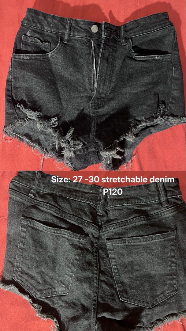Black Denim Ripped Shorts Size 27-30 (Category: Shorts) located in Las Pinas. Submitted by everythingandanything00 (Listing ID 1462520786, Image 1). Description: - Black denim shorts - Ripped details - Stretchable material fits sizes 27 to 30 - Frayed hem for a cool vibe - Ideal for casual outfits - Versatile for pairing with sweaters or tees.