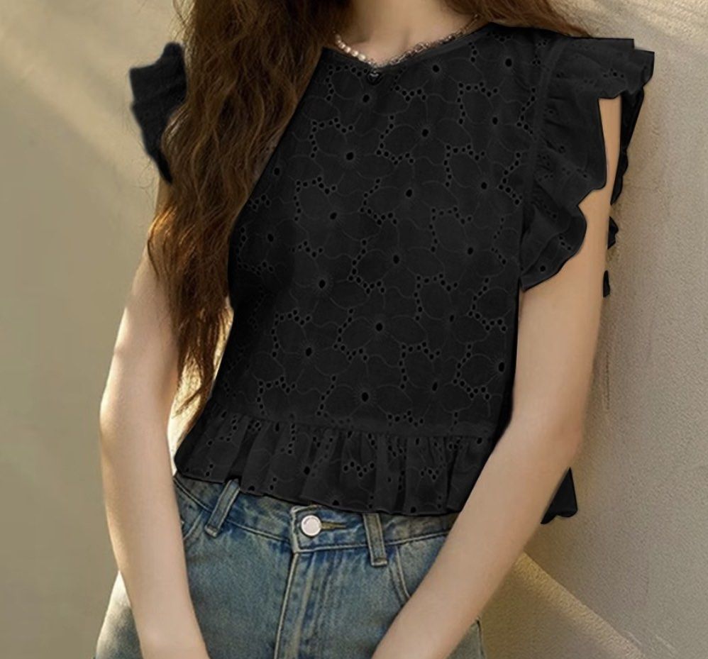 Black Eyelet Ruffle Sleeve Top (Category: Blouses) located in Quezon City. Submitted by cmrls (Listing ID 1462618734, Image 1). Description: - Cute black top - Eyelet details - Short ruffle sleeves - Peplum hem - Button closure at the back - Versatile: pairs well with jeans or skirts - Comfortable and stylish for any occasion.